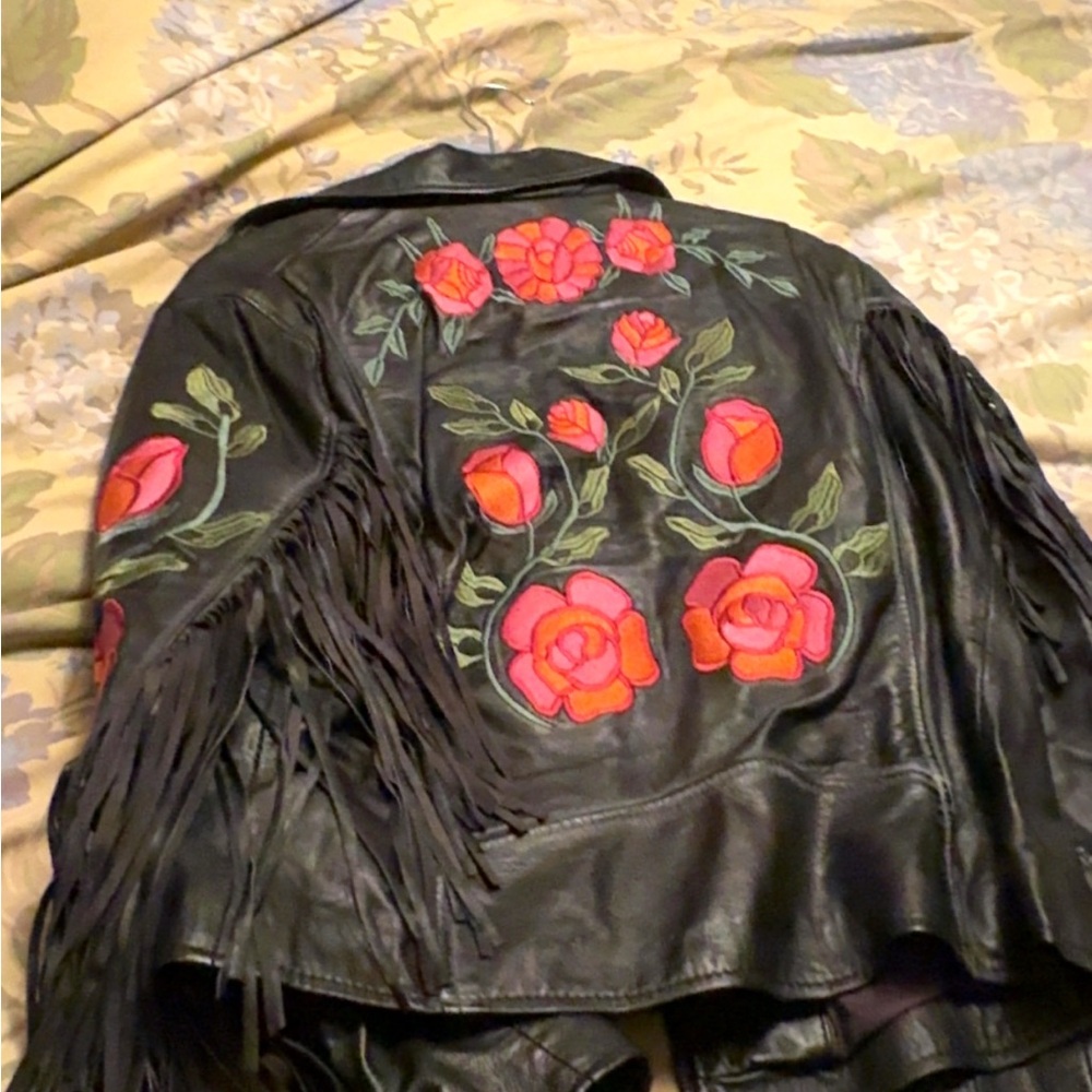 Free People Embroidered Black Leather Moto Jacket with Fringe - Floral Detail - Picture 4 of 17